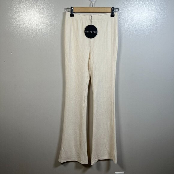 White Fox Revival Flare Pants Size Small Cream High Rise Ribbed Knit Comfy - Picture 1 of 11